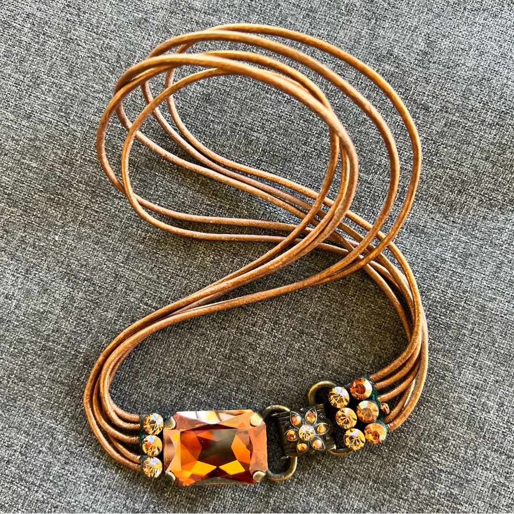 Vintage Van Galz Swarovski Crystal Amber Necklace With Leather Straps 15” Long